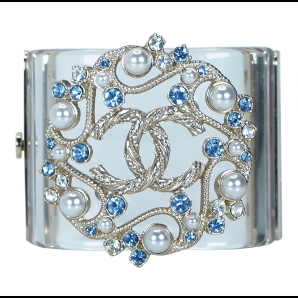 Authentic CHANEL CC Pearls and Blue cuff bracelet.